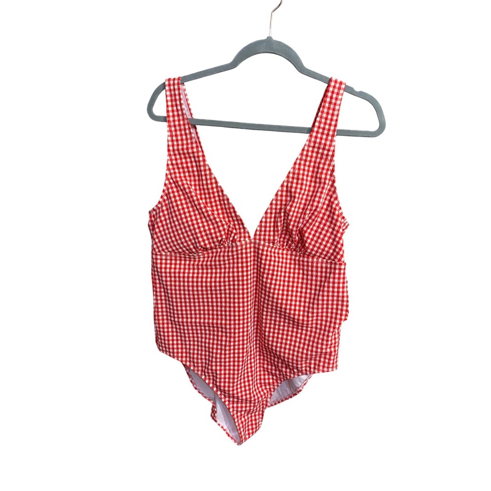 Shade & Shore Womens Red Gingham V-Neck One Piece Swimsuit XL(16) NWT